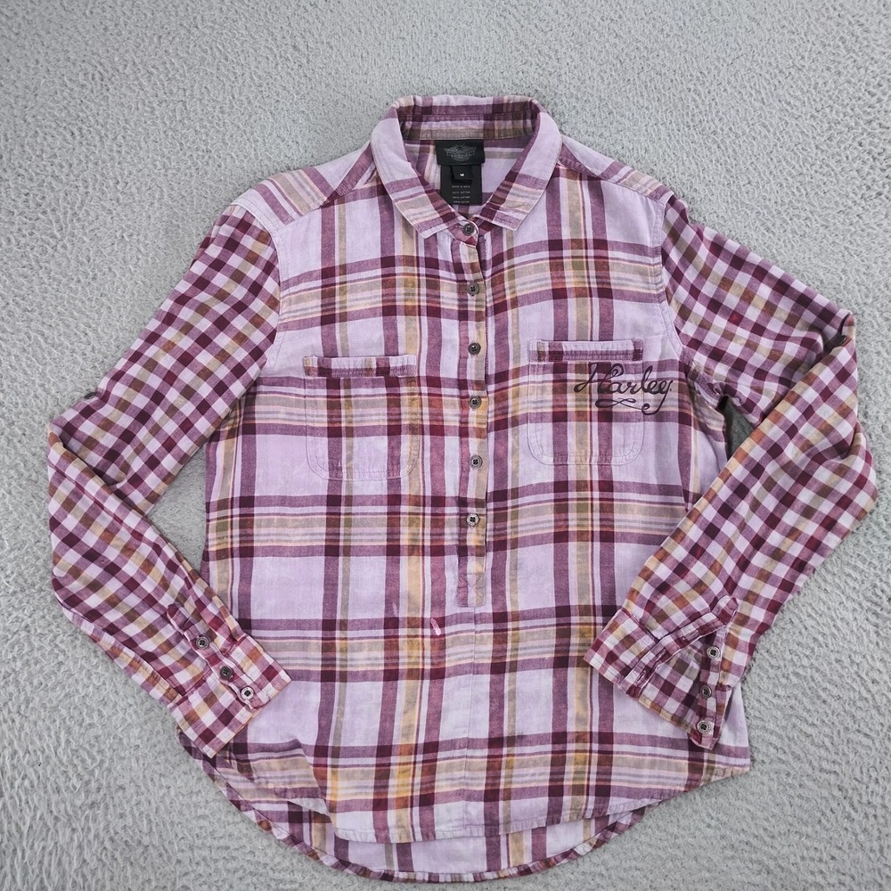 Harley Davidson Button Top Women Medium Purple Flannel Plaid Long Sleeve Popover